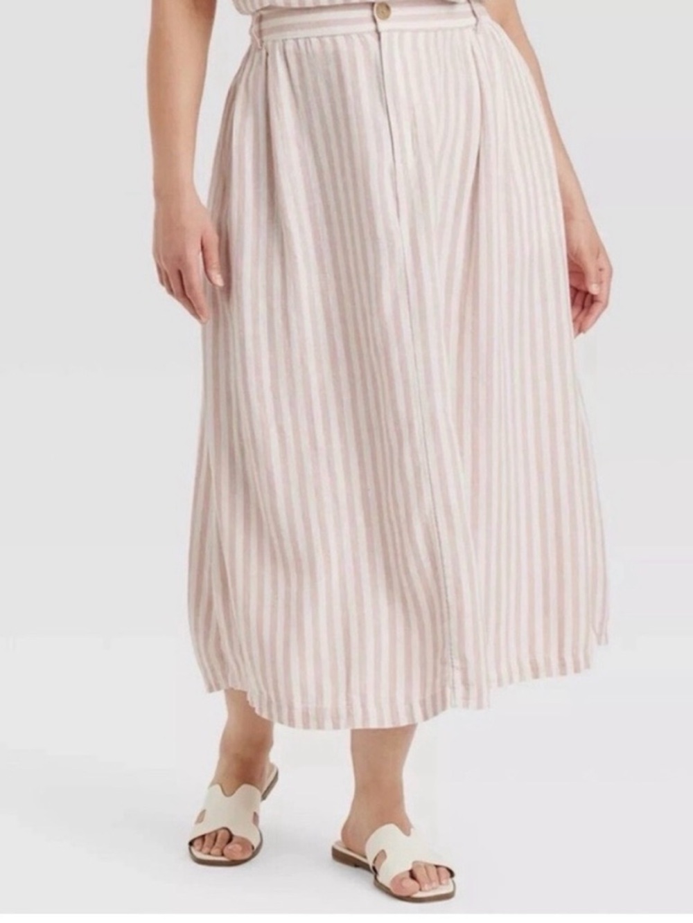 Striped Pink and White Midi Skirt - Lightweight A-Line